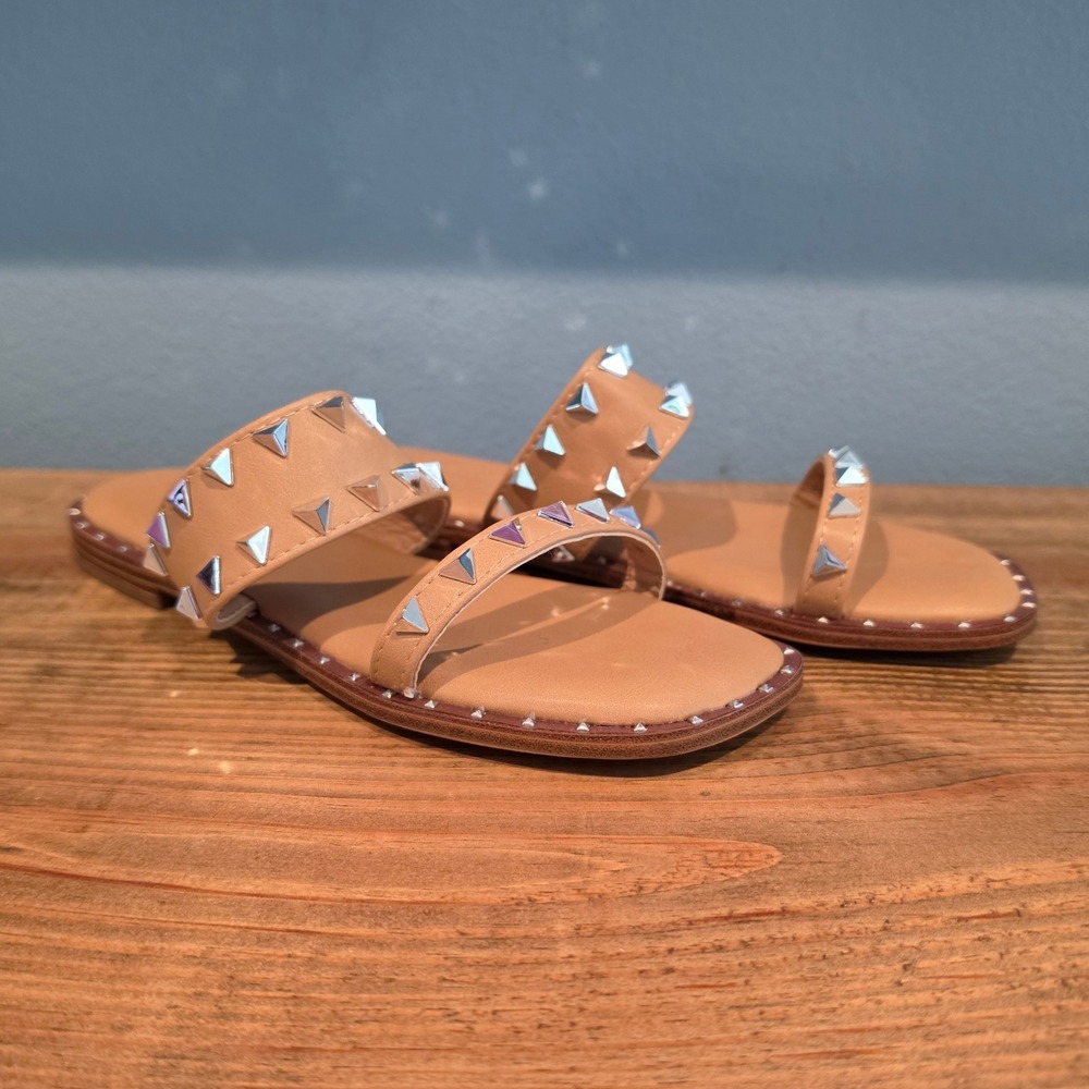 Cushionaire Womens Visby Slide Sandal Tan Studded Two Strap Square‎ Toe 6.5
